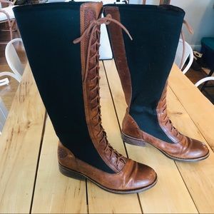 Knee high lace up stretch calf slip on boots